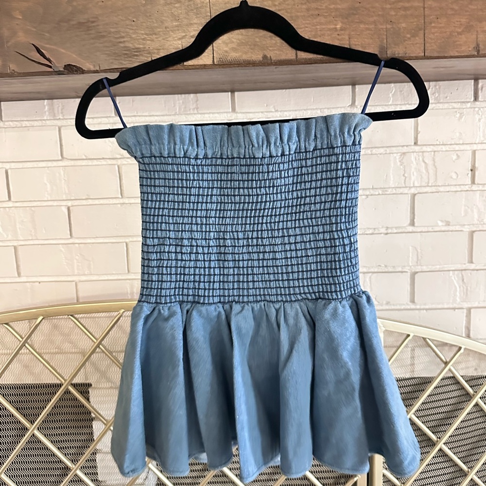 Jean zipper tube top with ruffle